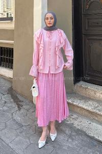 Lamelif Volan Detaylı Çizgili Gömlek Pudra