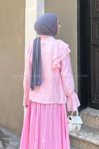 Lamelif Volan Detaylı Çizgili Gömlek Pudra