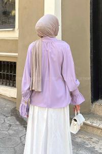 Lilac Mandarin Collar Long Arm Cotton Blouse