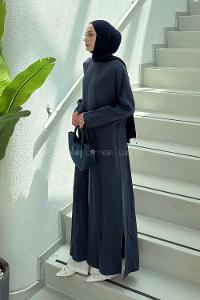 Lamelif Yırtmaç Detaylı Abaya Model Elbise Lacivert