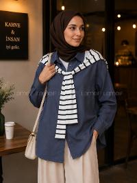 Navy Blue Shirt Collar Long Arm Polyester Cotton Fabric Shirt