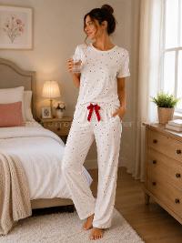 Lamelif Kadın Çilek Desenli  Cares Kumaş Pijama Takımı