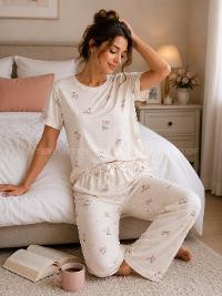 Lamelif Kadın Kiraz DesenLİ  Cares Kumaş Pijama Takımı