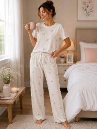 Lamelif Kadın Kiraz DesenLİ  Cares Kumaş Pijama Takımı