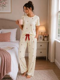 Lamelif Kadın Kiraz Desenli  Cares Kumaş Pijama Takımı