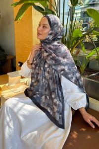 Anthracite Cotton Cotton Fabric Striped Flowering Printed Shawl