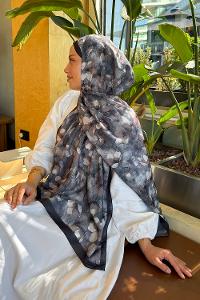 Anthracite Cotton Cotton Fabric Striped Flowering Printed Shawl