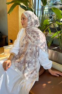 Beige Cotton Cotton Fabric Striped Flowering Printed Shawl