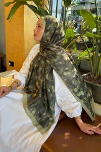 Khaki Cotton Cotton Fabric Striped Flowering Printed Shawl