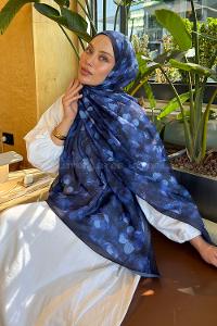Navy Blue Cotton Cotton Fabric Striped Flowering Printed Shawl