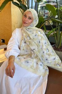 Yellow Cotton Cotton Fabric Striped Flowering Printed Shawl
