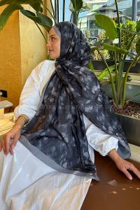 Black Cotton Cotton Fabric Striped Flowering Printed Shawl