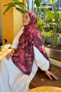 Lamelif Gül Çiçek Desen Lara Soft Şal Bordo