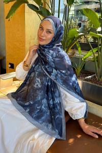 Lamelif Gül Çiçek Desen Lara Soft Şal Lacivert