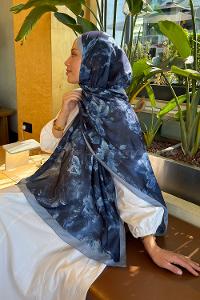 Lamelif Gül Çiçek Desen Lara Soft Şal Lacivert