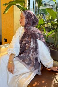 Soft Brown Cotton Cotton Fabric Striped Flowering Printed Shawl