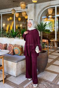 Lamelif Asimetrik Fırfır Detaylı Pantolonlu Takım Bordo