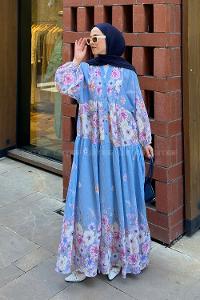 Baby Blue Mandarin Collar Cotton Dresess