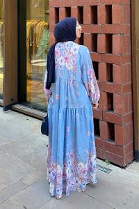 Baby Blue Mandarin Collar Cotton Dresess
