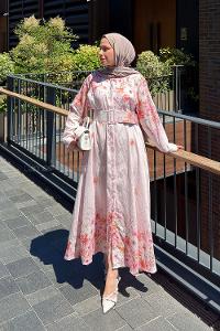 Lamelif Çiçek Detaylı Elbise Pembe