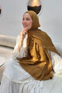 Lamelif Zincir Halka Desen Ayrobin Floş Jakar  Şal Camel