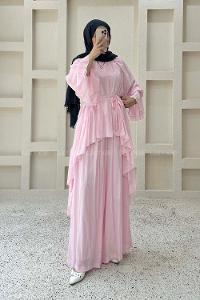 Lamelif Asimetrik Volanlı İkili Takım Pembe
