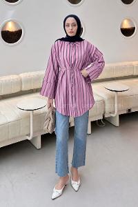 Lamelif Çizgili Bağlamalı Gömlek Pembe