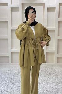 Lamelif Fırfırlı Bağcıklı Pantolonlu Takım Yağ Yeşili