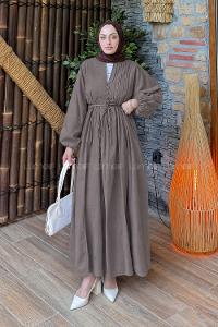 Soft Brown Mandarin Collar Cotton Dresess