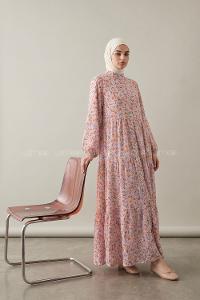 Lamelif Çiçek Desenli Elbise Pembe