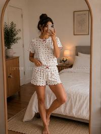Lamelif Kadın Bisiklet Yaka  Kiraz  Desen Şortlu Pijama Takımı