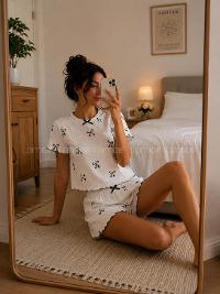 Lamelif Kadın Bisiklet Yaka  Kurdale Desen Şortlu Pijama Takımı