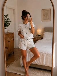 Lamelif Kadın Bisiklet Yaka  Kurdale Desen Şortlu Pijama Takımı