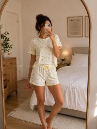 Lamelif Kadın Bisiklet Yaka Limon Desen Şortlu Pijama Takımı