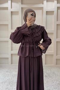 Lamelif Kat Kat Fırfırlı Gipe Belli Etekli Takım Mürdüm