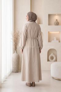 Beige Crew Neck Cotton Dresess