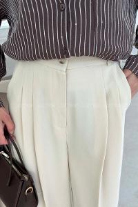 Lamelif Yüksek Bel Palazzo Pantolon Krem