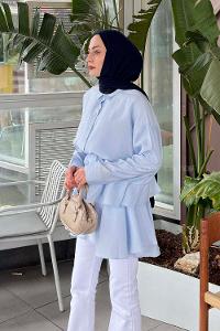Lamelif Belden Oturtmalı Dökümlü Gömlek Bebe Mavisi
