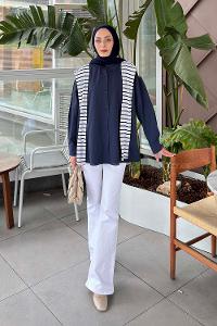 Lamelif Garnili Oversize Gömlek Lacivert
