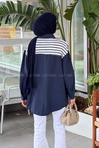 Lamelif Garnili Oversize Gömlek Lacivert