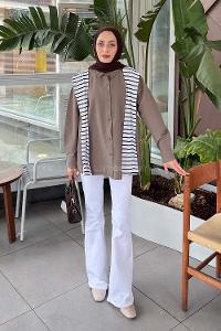 Lamelif Garnili Oversize Gömlek Soft Kahve