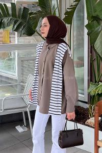Lamelif Garnili Oversize Gömlek Soft Kahve