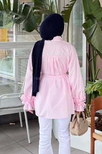 Lamelif Kol Pile Detaylı Bağlamalı Gömlek Pembe