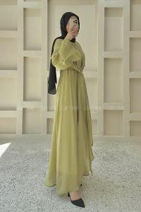 Lamelif Bolerolu Tül Cupra Elbise Yağ Yeşili