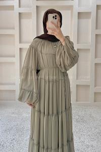 Khaki Crew Neck Viscose Fabric Dresess