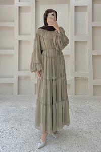 Khaki Crew Neck Viscose Fabric Dresess