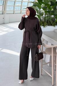 Bitter Brown Crew Neck Long Arm Sandy Fabric Regular Trousers Comfortable Suit