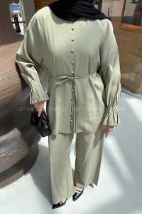 Plum Green Crew Neck Long Arm Sandy Fabric Regular Trousers Comfortable Suit