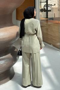 Plum Green Crew Neck Long Arm Sandy Fabric Regular Trousers Comfortable Suit