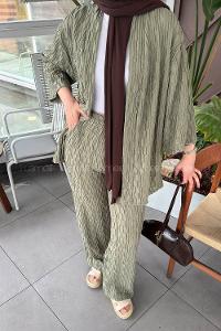 Plum Green V Neck Long Arm Cotton Regular Trousers Comfortable Suit